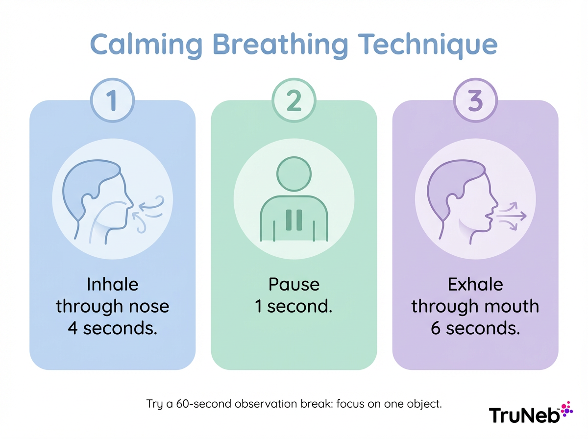 60-Second Calming Breathing Technique Three-step calming breathing technique infographic