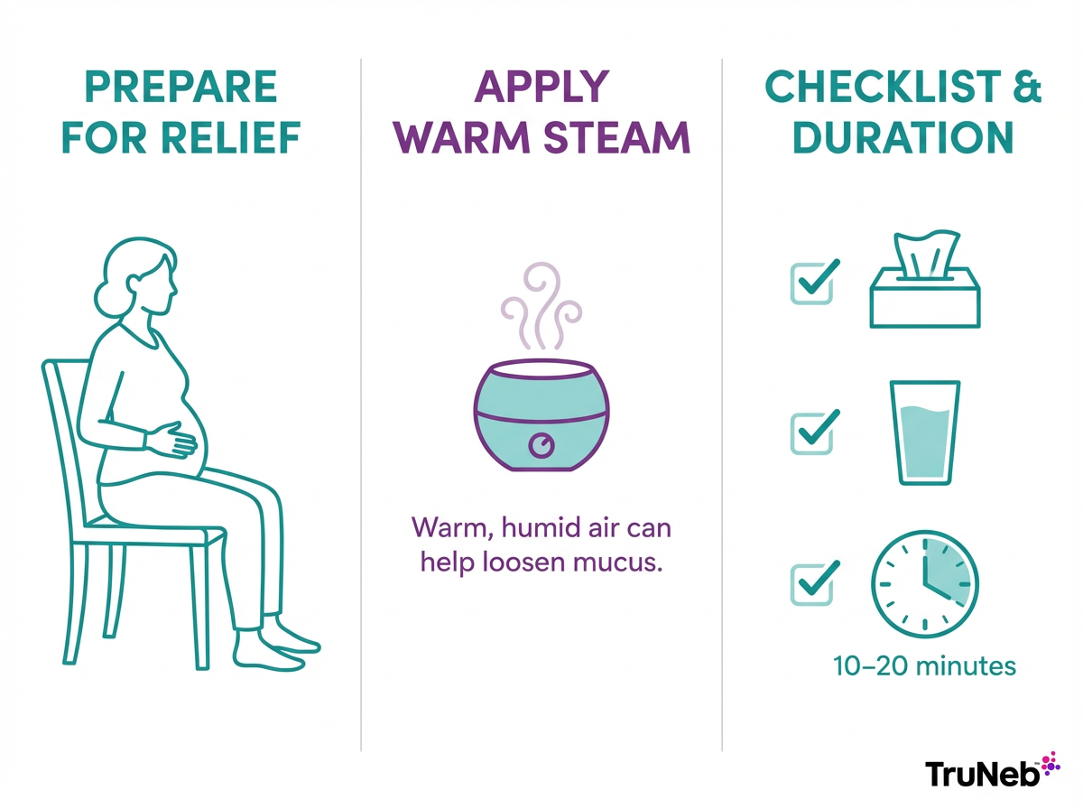 Infographic showing three steps to prepare for airway clearance with warm steam and checklist.