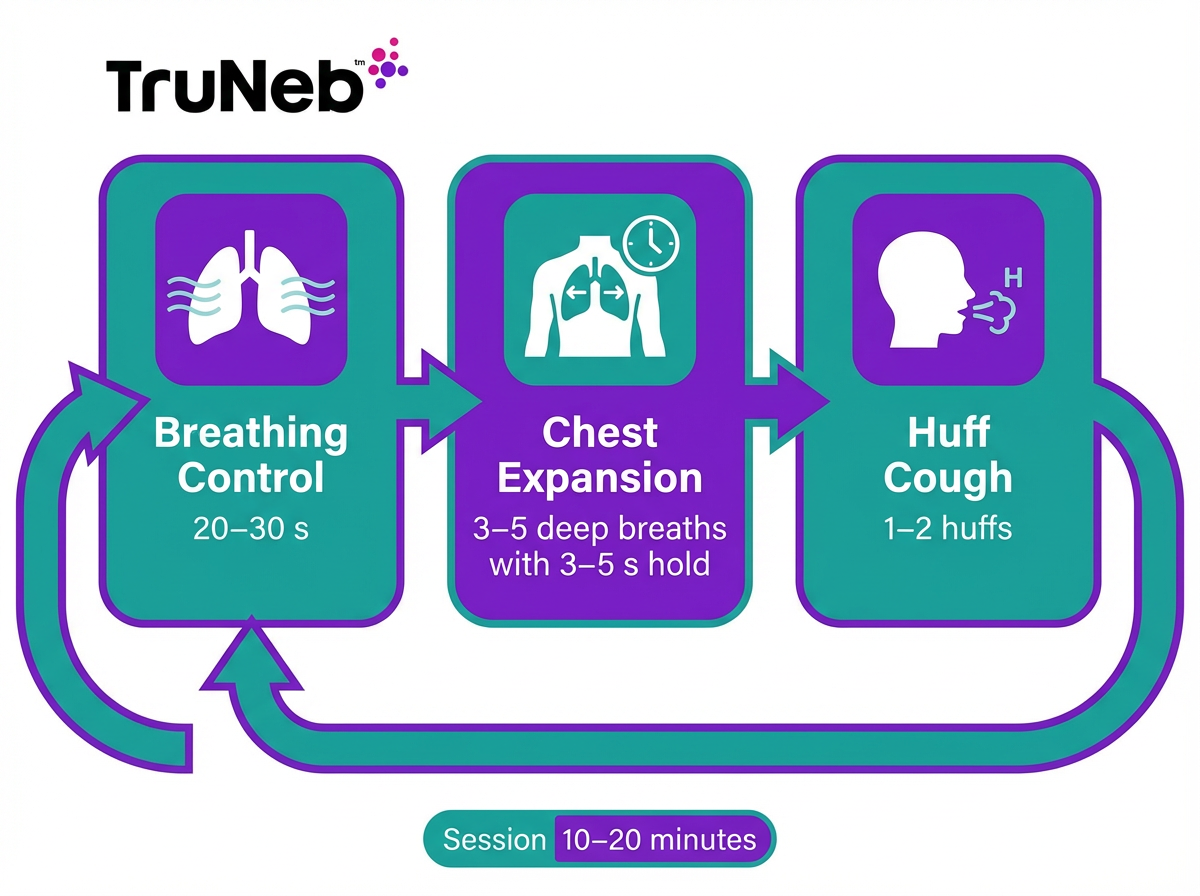 Flowchart of the Active Cycle of Breathing Technique from breathing control to huff cough.