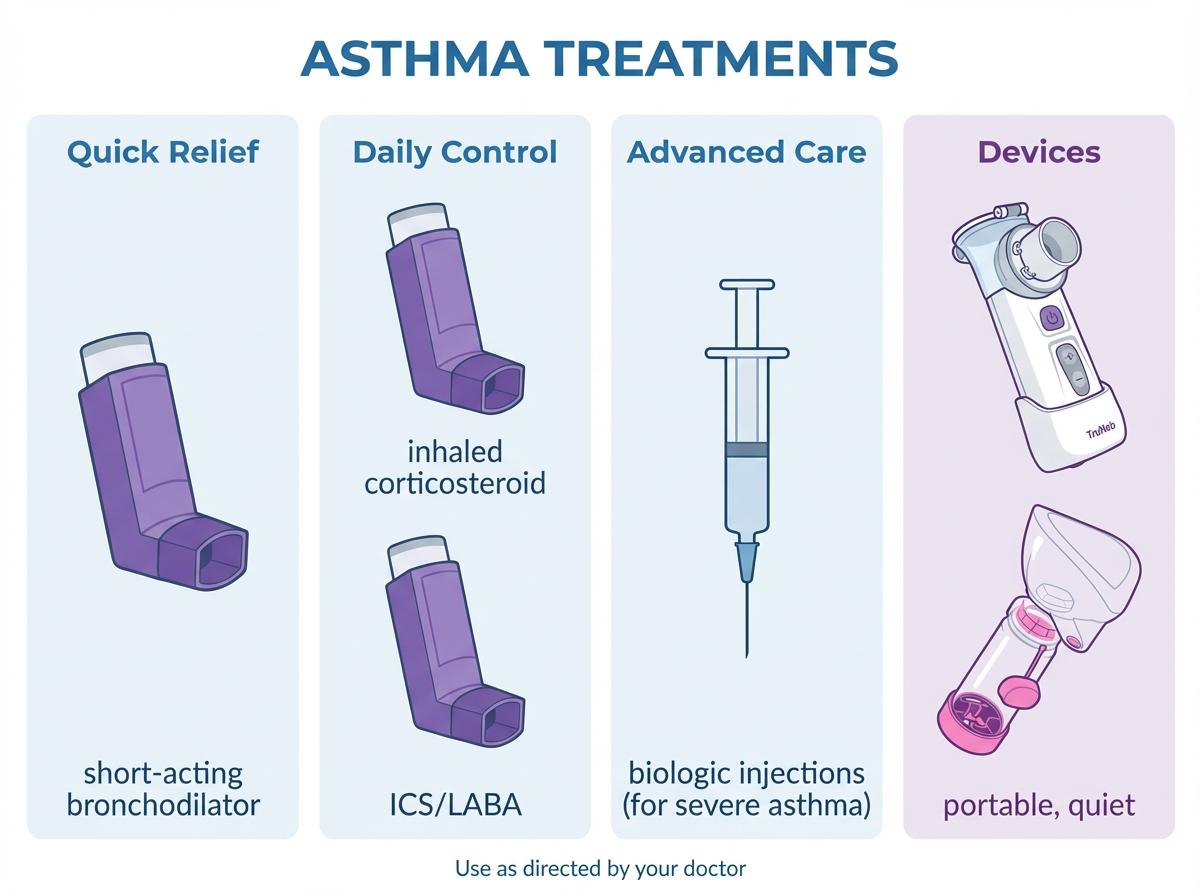 Asthma Treatments infographic Infographic titled Asthma Treatments showing quick relief, daily control, advanced care, and devices including inhalers, biologic injections, a portable mesh nebulizer, and a spacer.