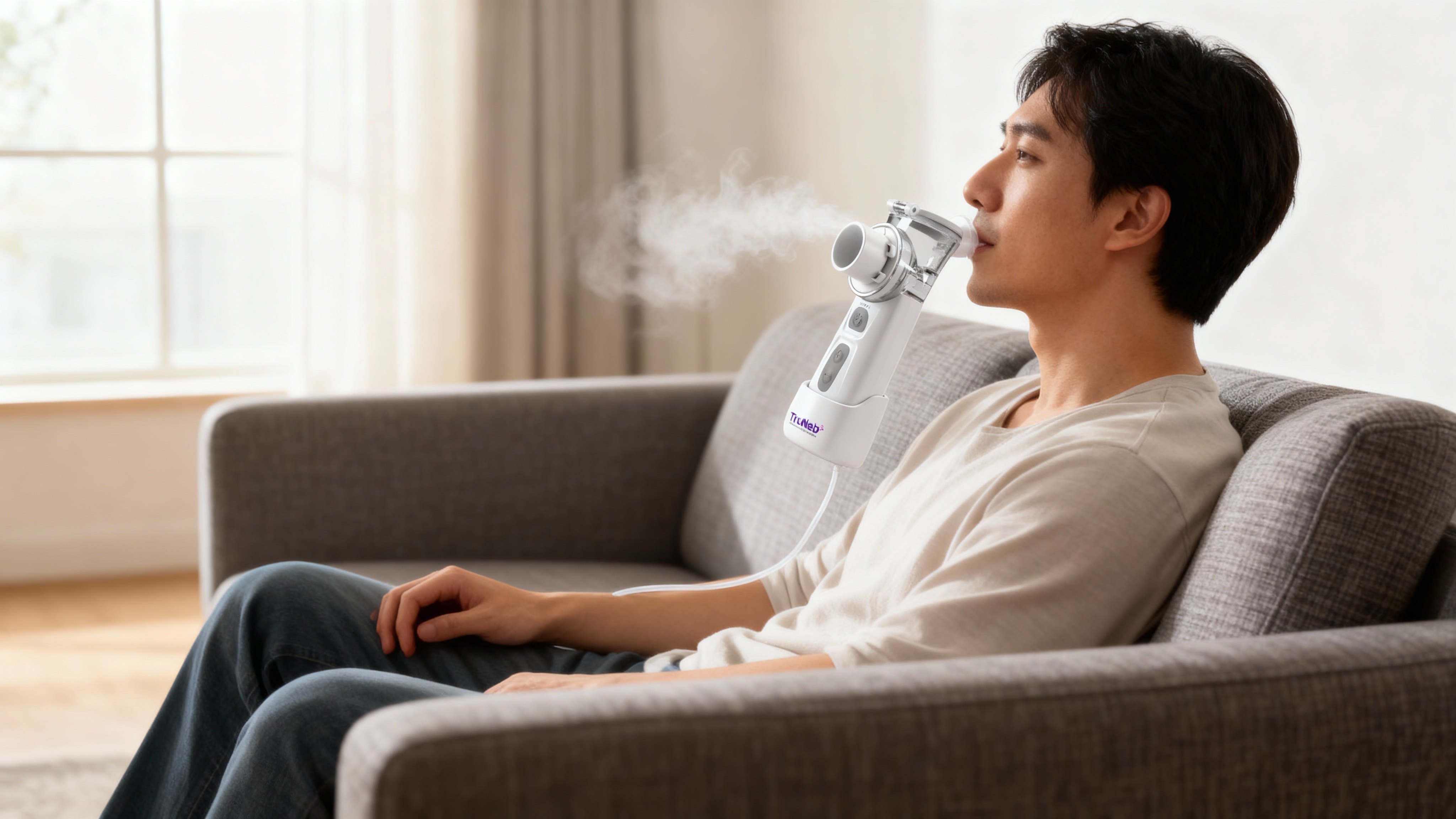 Adult sitting on a couch using a TruNeb portable mesh nebulizer at home