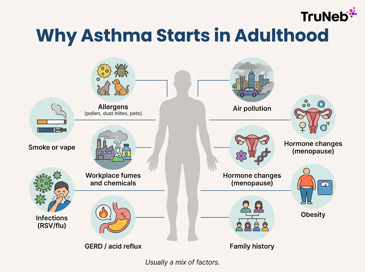 Why Asthma Starts in Adulthood infographic Infographic titled Why Asthma Starts in Adulthood showing a human silhouette surrounded by icons for adult-onset asthma risk factors such as allergens, smoke or vape, workplace fumes and chemicals, air pollution, hormone changes, obesity, infections, GERD, and family history.