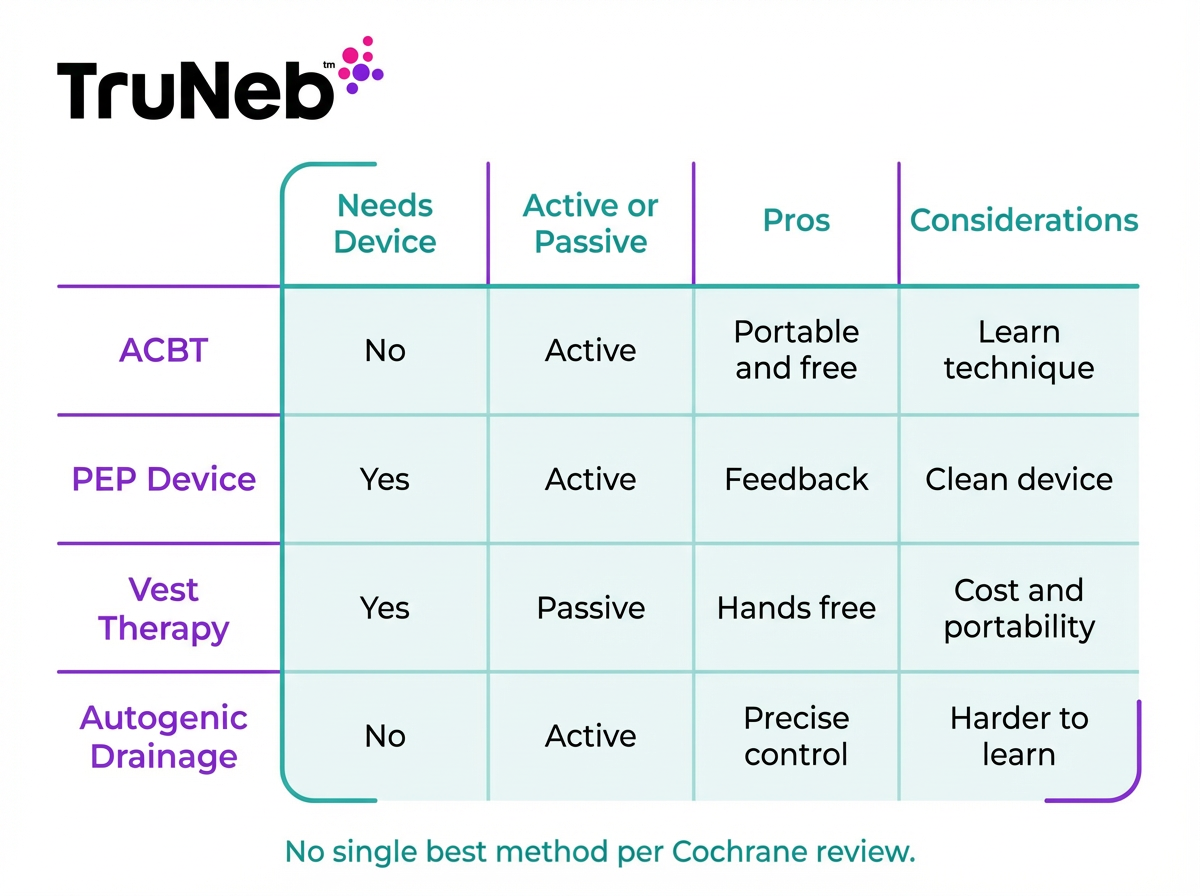 Table comparing ACBT, PEP device, vest therapy, and autogenic drainage with pros and considerations.