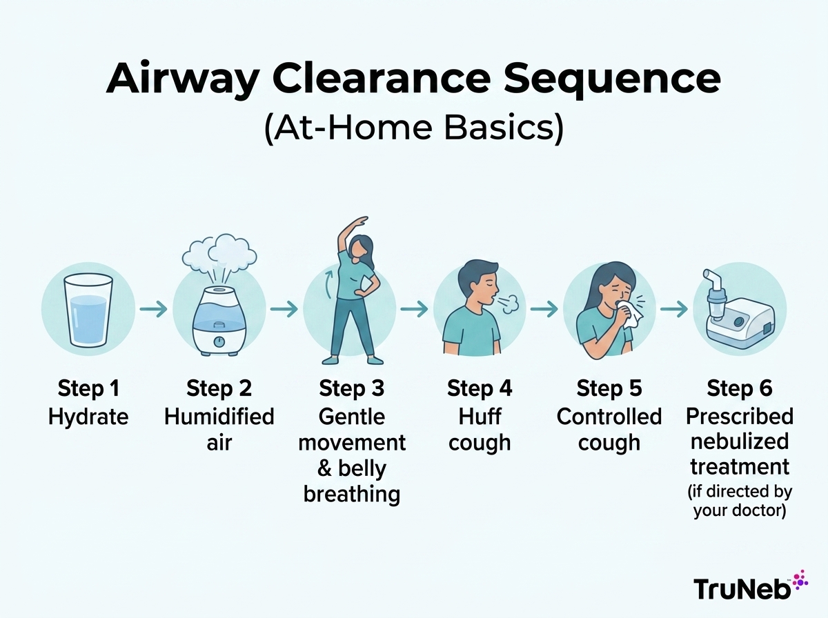 Infographic showing a simple at-home airway clearance sequence from hydration to prescribed nebulized treatment