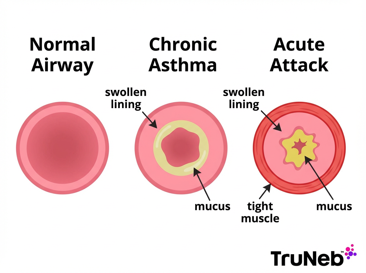 Normal airway chronic asthma and acute asthma cross-section diagram