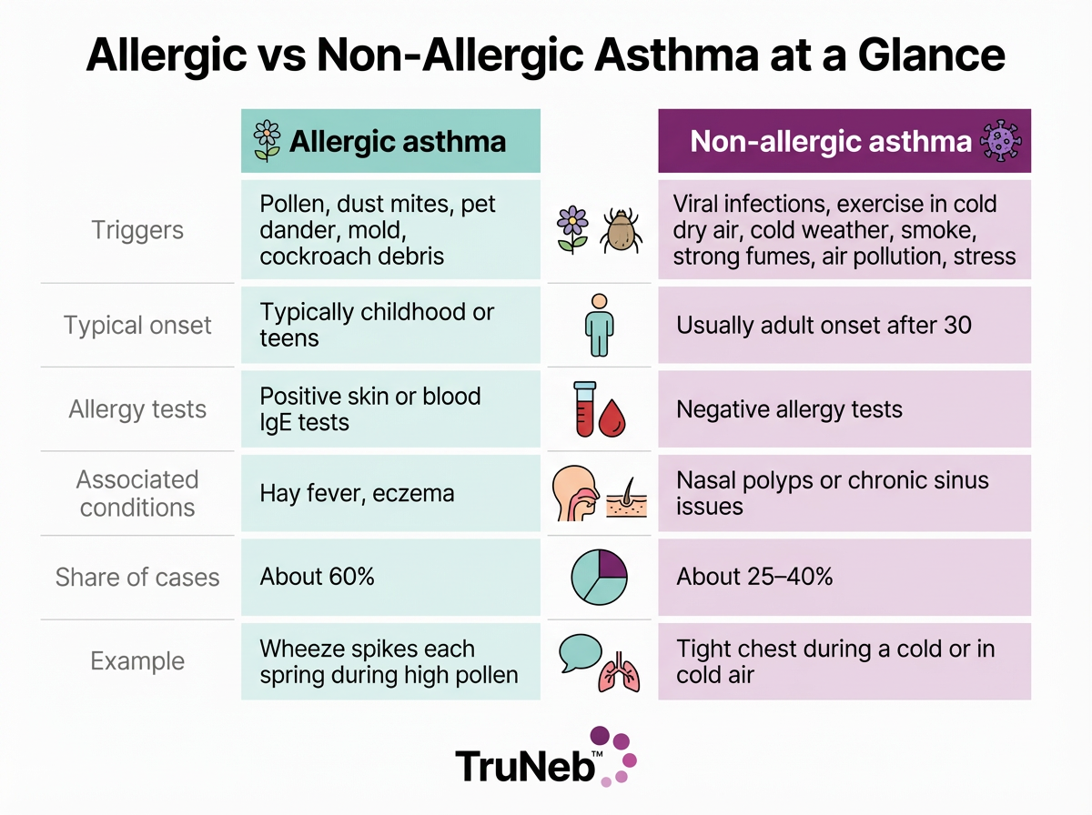 Allergic vs Non-Allergic Asthma at a Glance Infographic comparing allergic vs non-allergic asthma triggers, onset, allergy test results, associated conditions, share of cases, and example patterns.