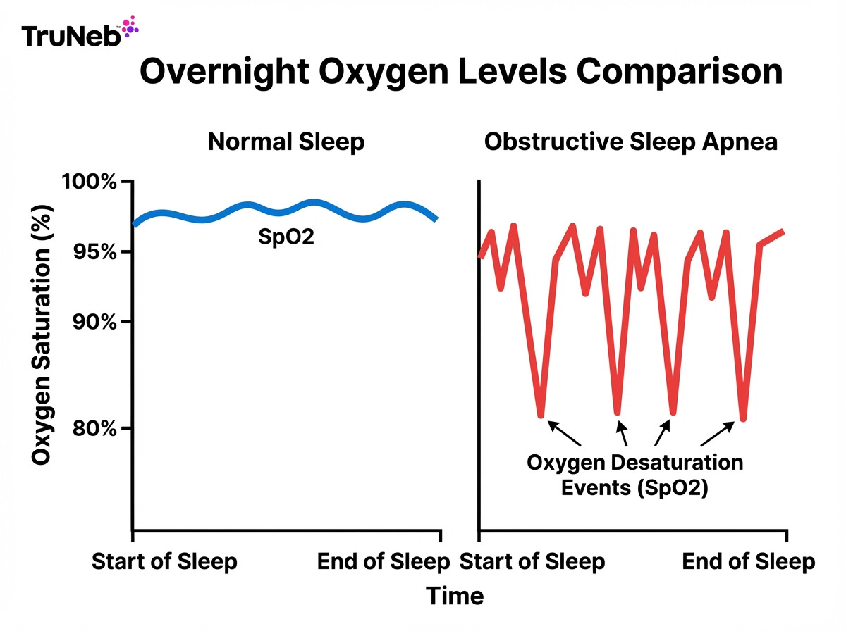 Two line graphs showing steady normal oxygen vs repeated oxygen desaturation drops with sleep apnea.