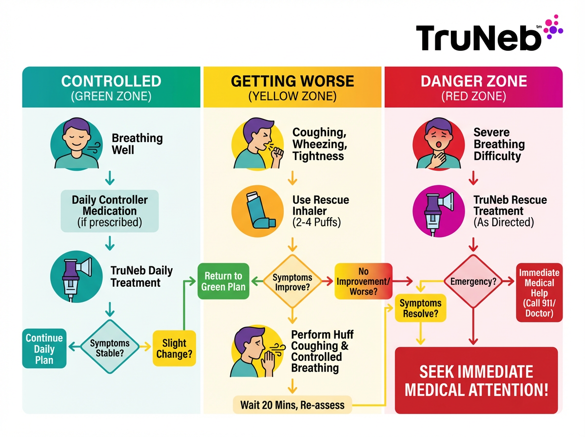 Your Asthma Action Flow With Breathing (Infographic) Asthma action plan flowchart with breathing exercises and rescue treatments