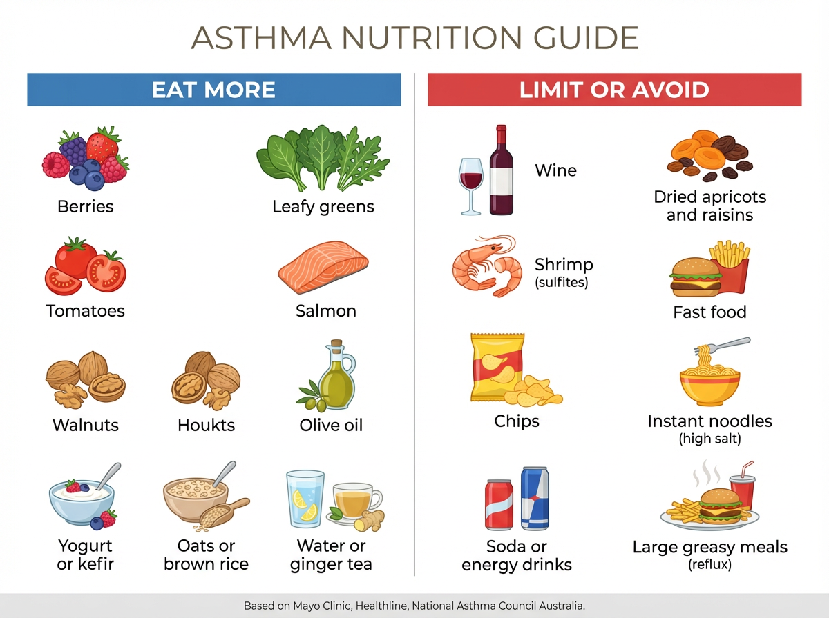 Asthma nutrition guide infographic: foods to eat more vs limit or avoid