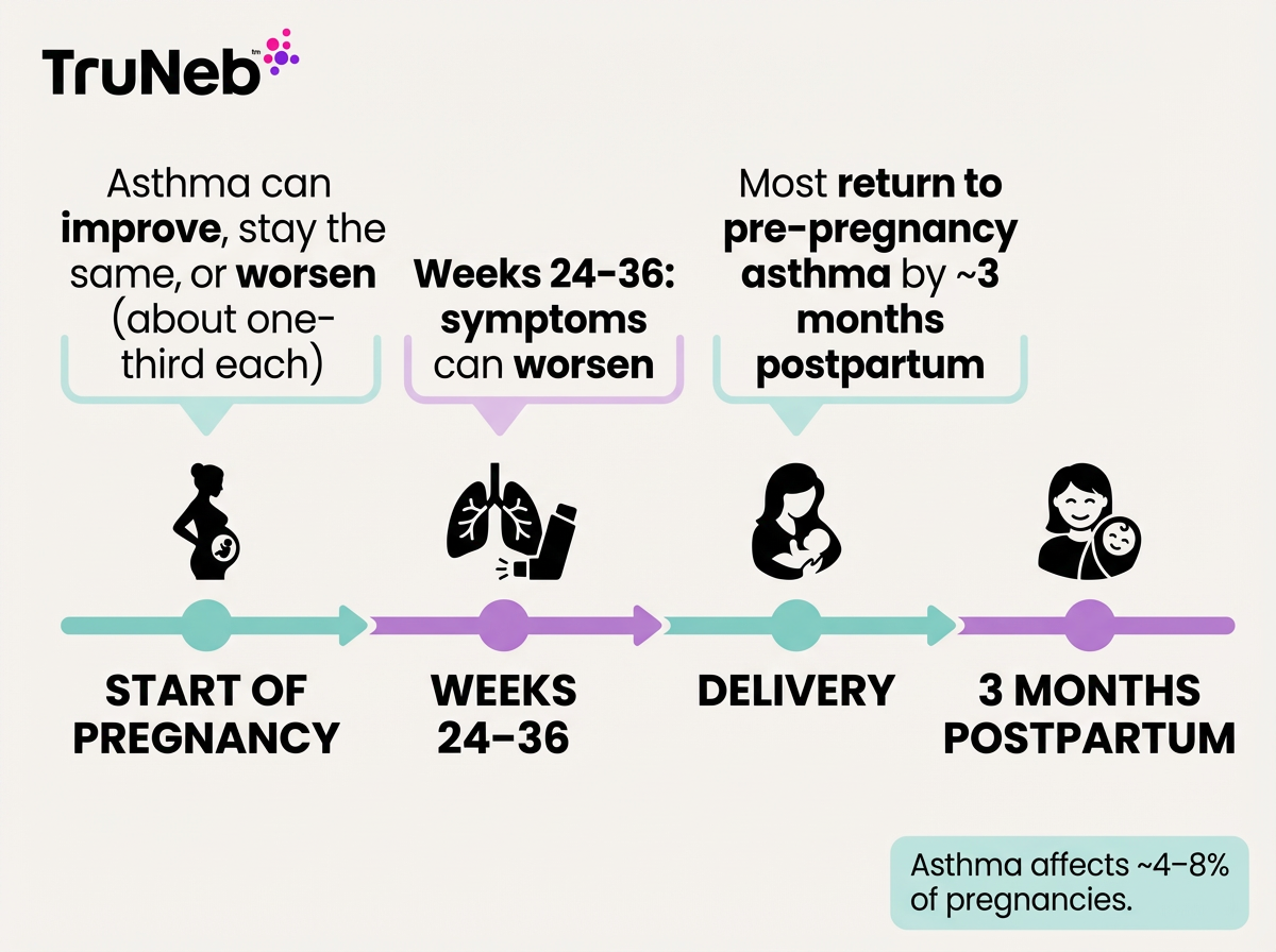 Asthma and pregnancy timeline Infographic timeline showing how asthma symptoms can change during pregnancy and return to baseline postpartum