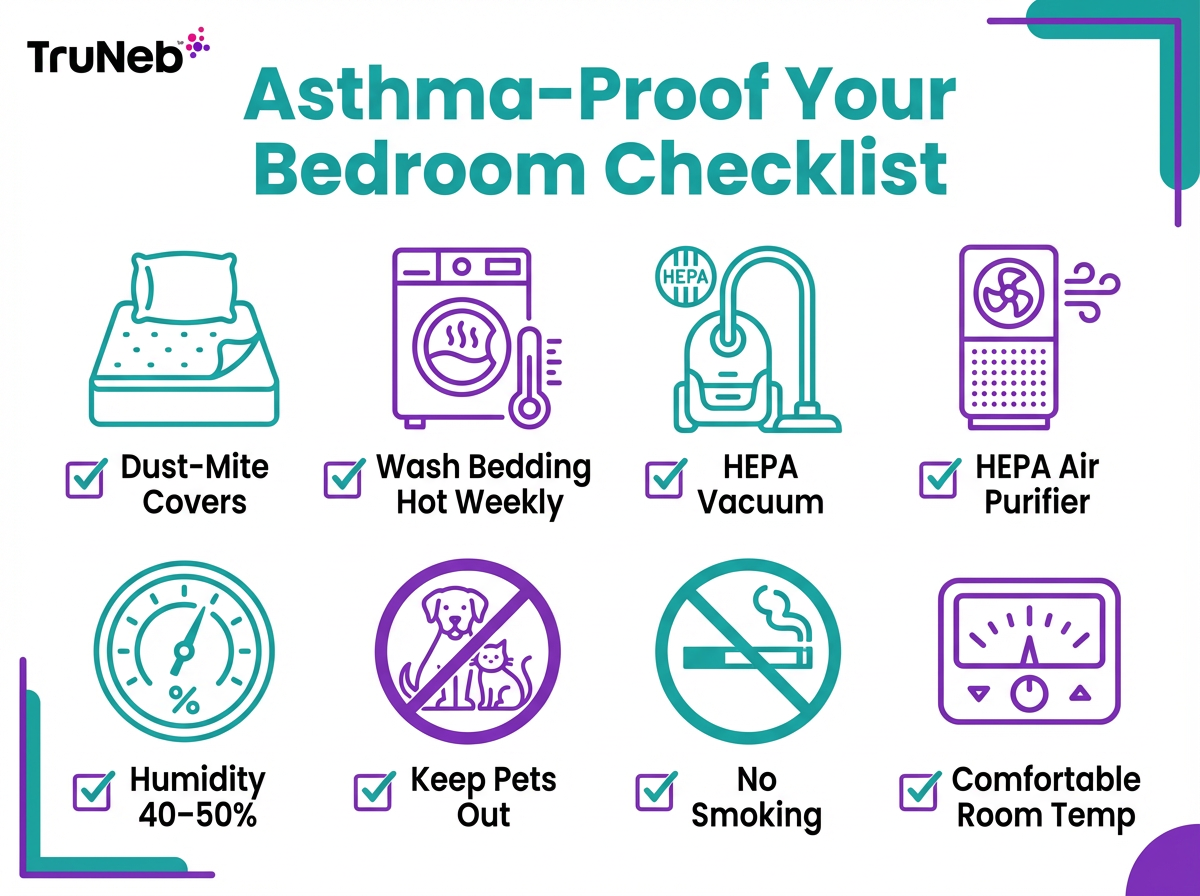 Asthma-Proof Your Bedroom Checklist Icon-based checklist of steps to asthma-proof a bedroom for fewer asthma triggers