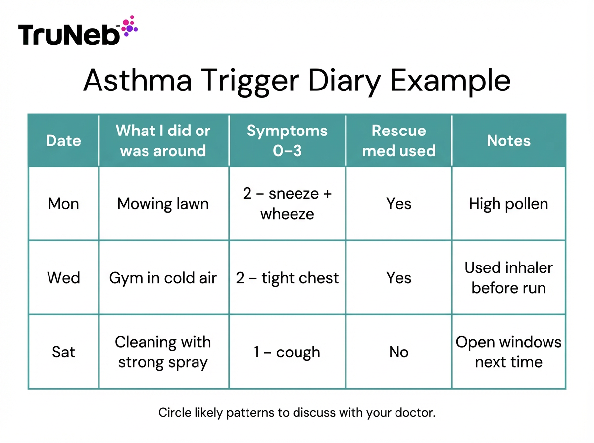 Asthma Trigger Diary Example Infographic showing a one-week asthma trigger diary table with columns for date, activity, symptom score, rescue medicine use, and notes.