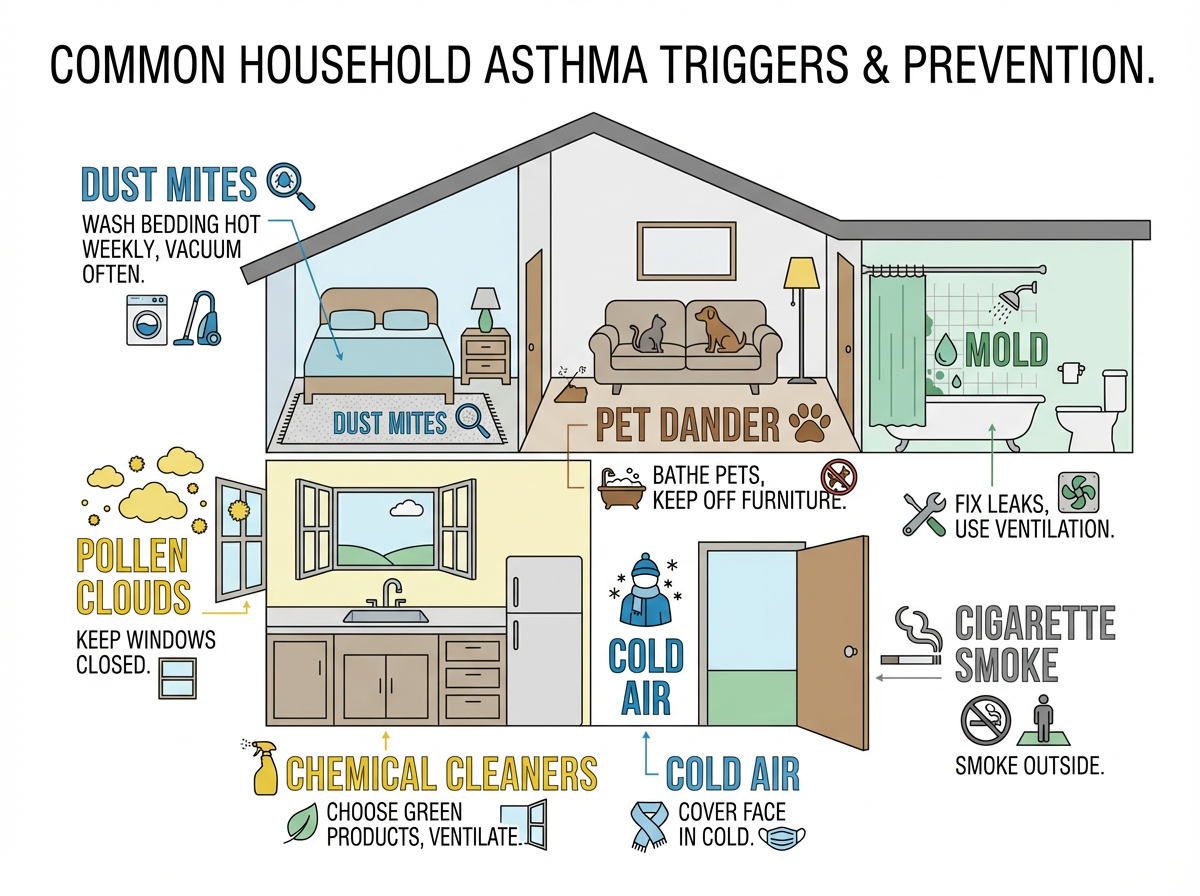 Common Household Asthma Triggers & Prevention Common household asthma triggers and prevention infographic