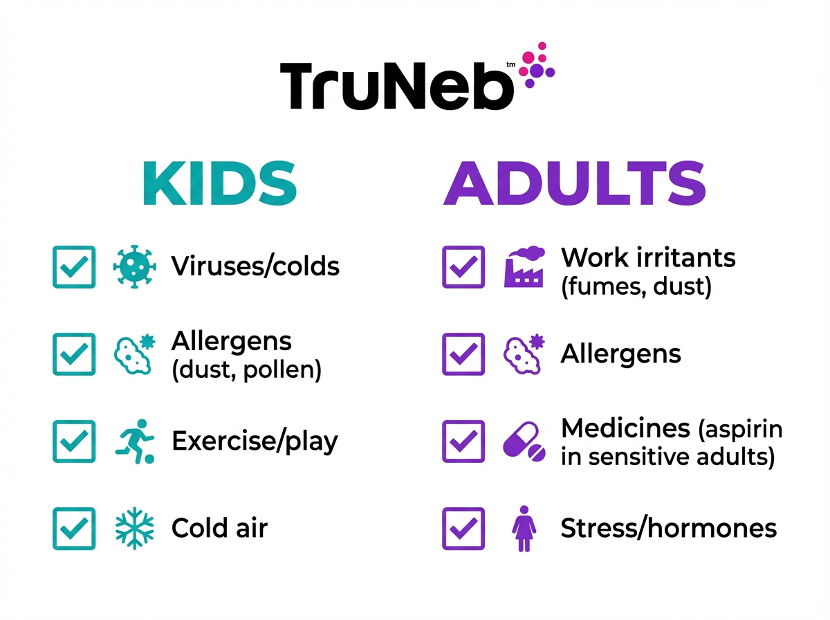 Asthma triggers by age checklist Checklist infographic of asthma triggers for kids and adults