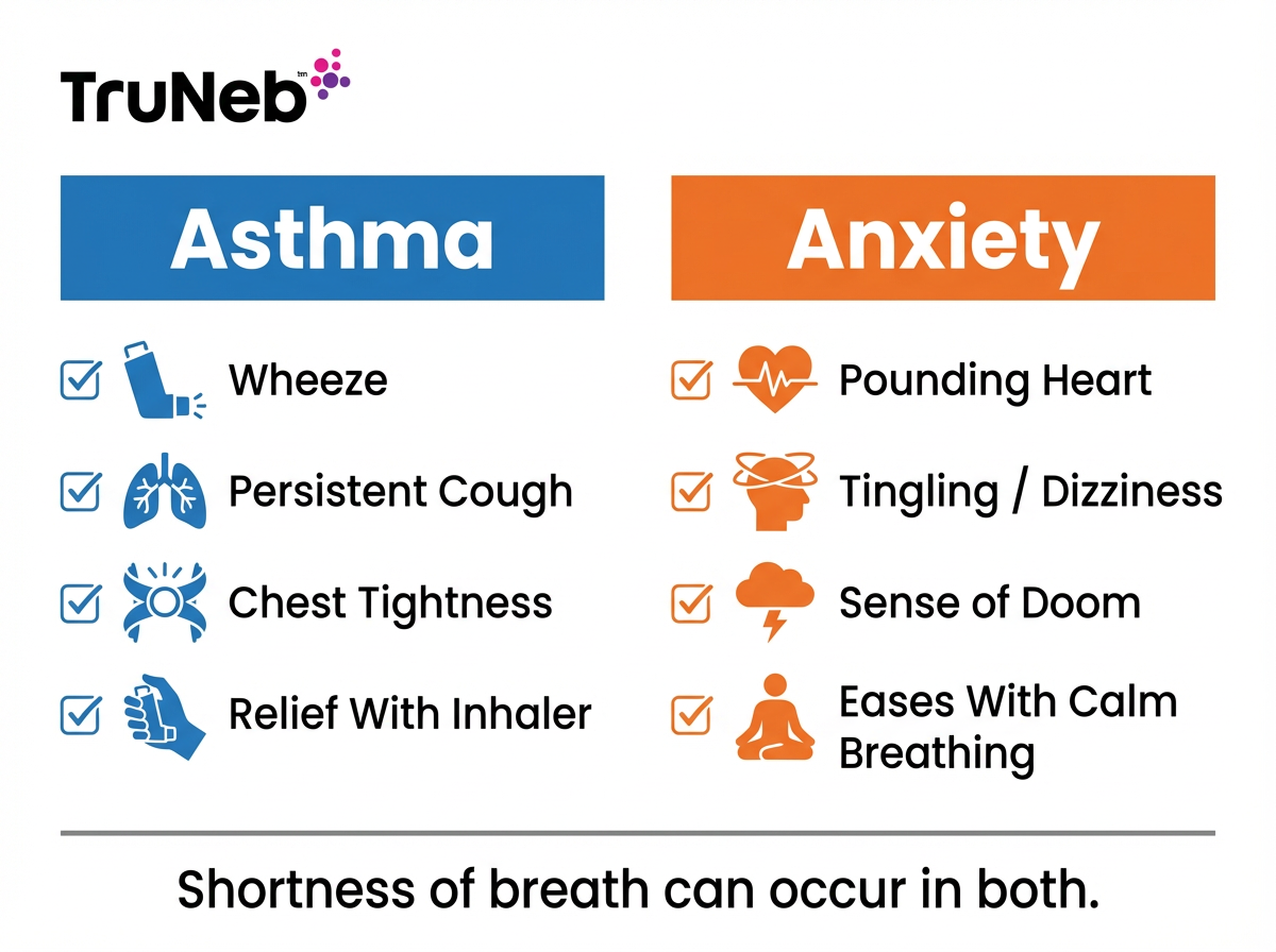 Asthma vs Anxiety Symptom Checklist Checklist infographic comparing asthma symptoms to anxiety symptoms