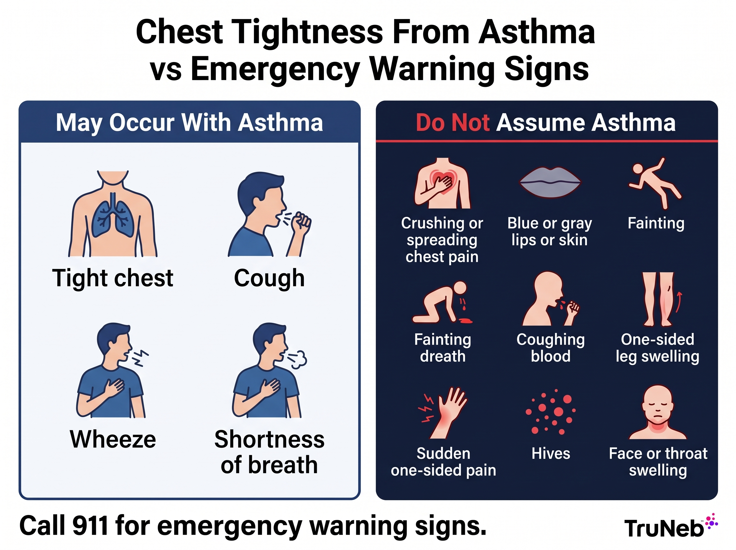 Comparison of common asthma chest tightness symptoms and emergency warning signs that can indicate another condition.