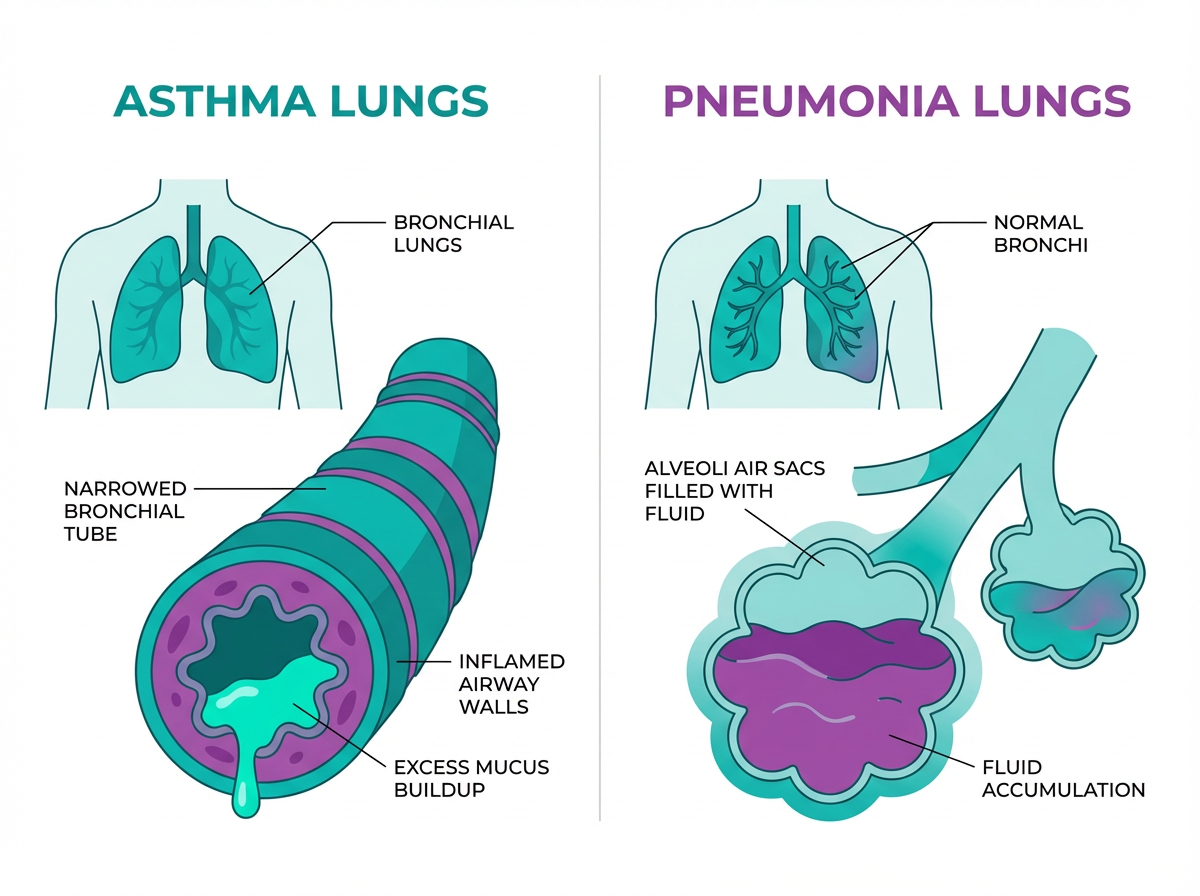 Asthma vs. pneumonia lungs medical illustration Comparison diagram of asthma lungs and pneumonia lungs