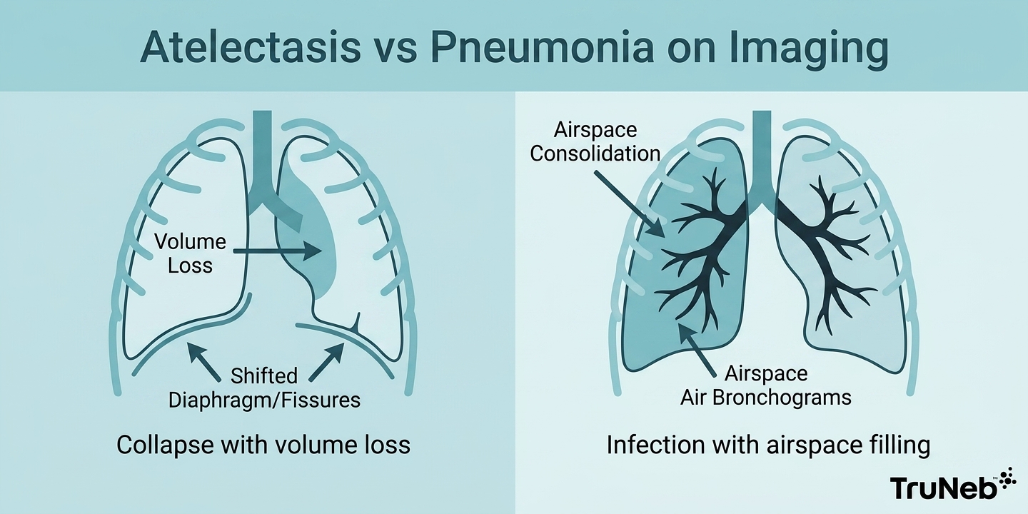 Side-by-side comparison of atelectasis versus pneumonia findings on imaging