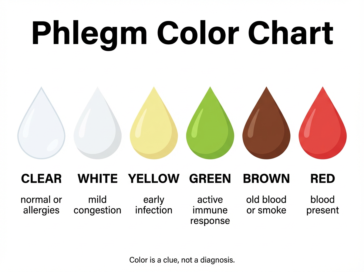 Simple phlegm color chart with labeled droplets and brief meanings.