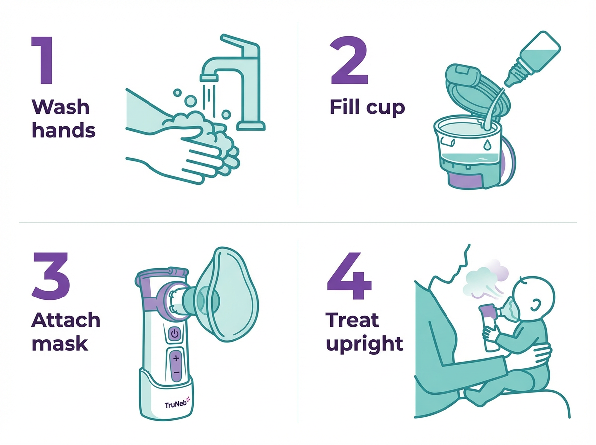 Four-step baby nebulizer infographic Four simple steps to use a mesh nebulizer on a baby.