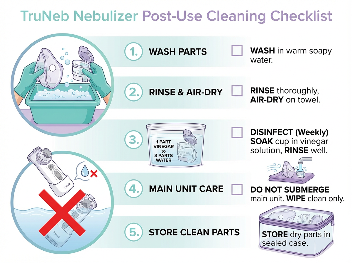 Baby nebulizer cleaning checklist Checklist for cleaning a baby nebulizer after each use.