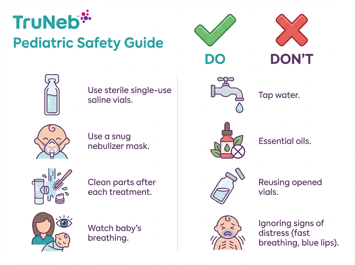 Pediatric saline nebulizer safety do and don't guide Do and don't list for infant saline nebulizer safety.