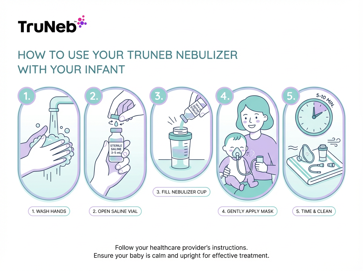 How to use your TruNeb nebulizer with your infant in five simple steps Infant saline nebulizer step-by-step visual guide.