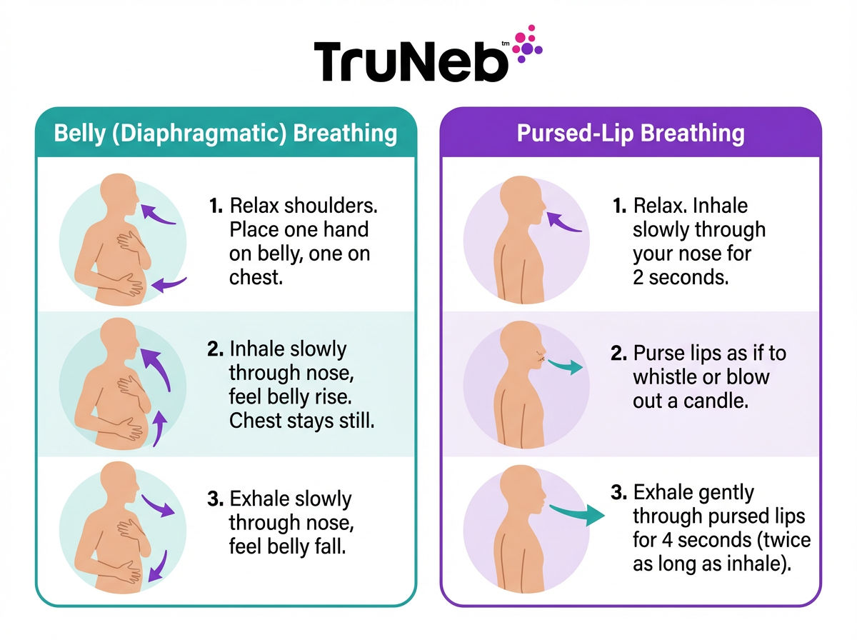 How to Do Belly and Pursed-Lip Breathing (Infographic) Infographic showing step-by-step belly breathing and pursed-lip breathing techniques