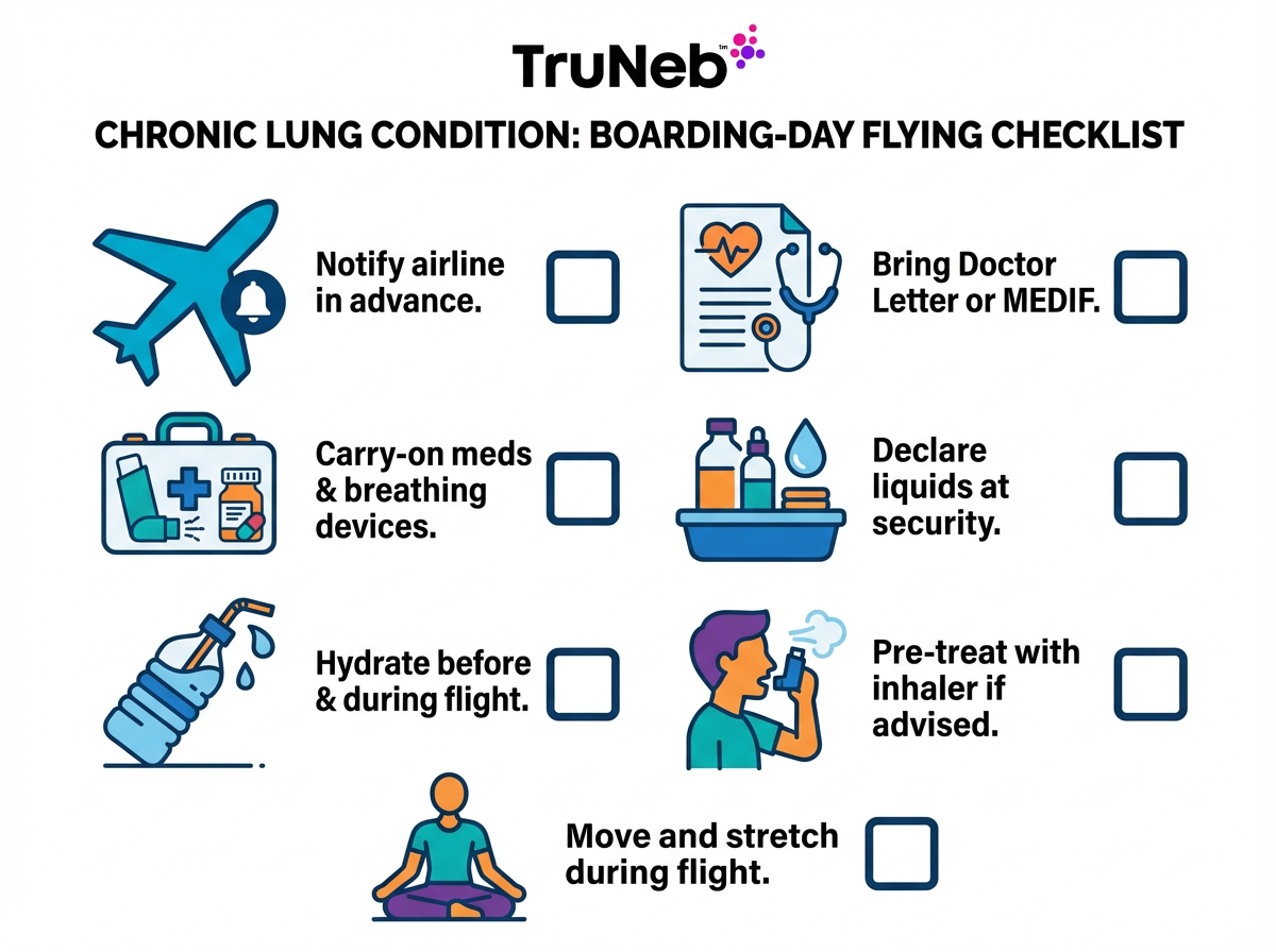 Infographic boarding-day flying checklist for people with a chronic lung condition