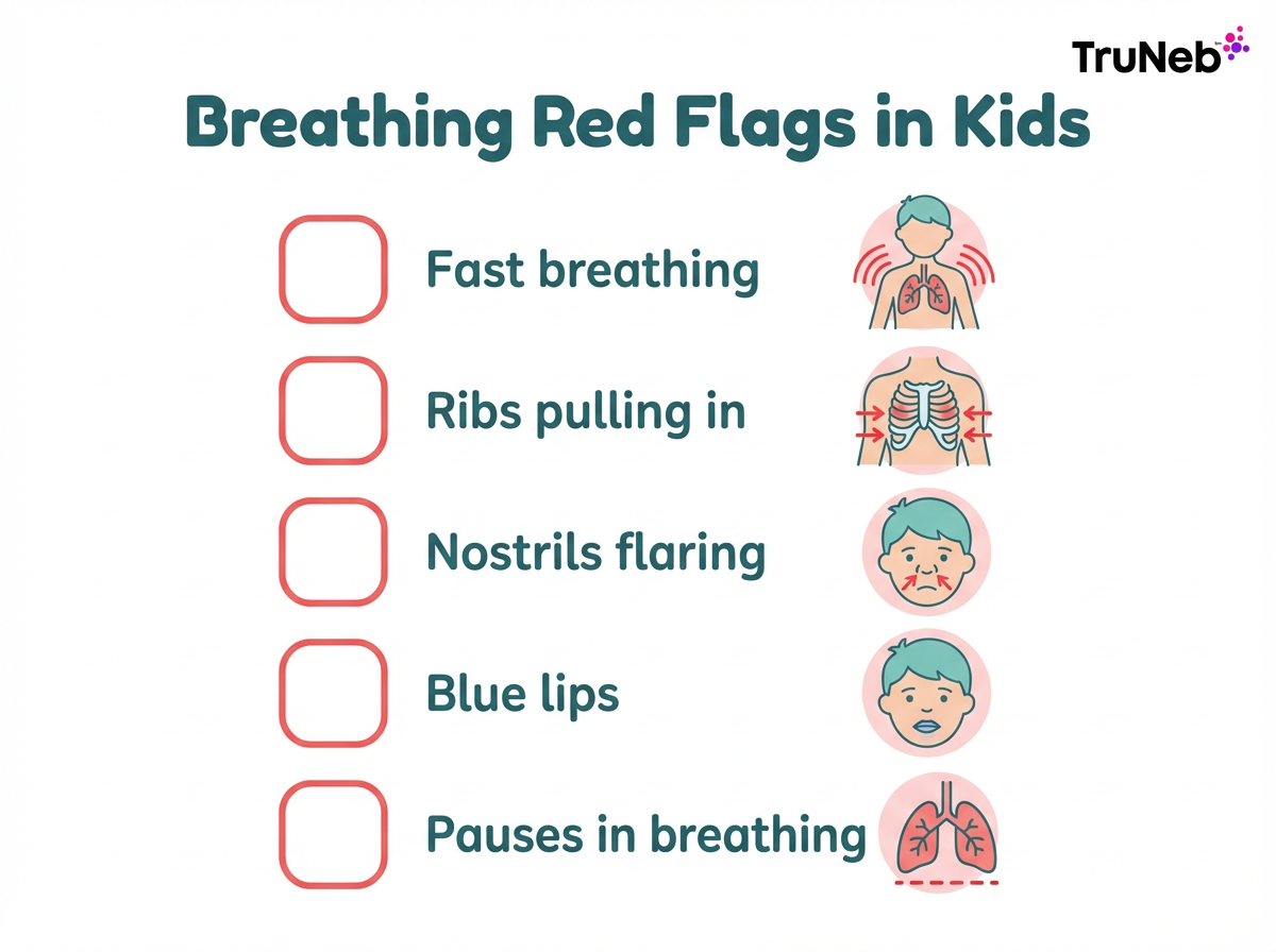 Breathing red flags in kids checklist infographic Checklist infographic of breathing red flags in kids