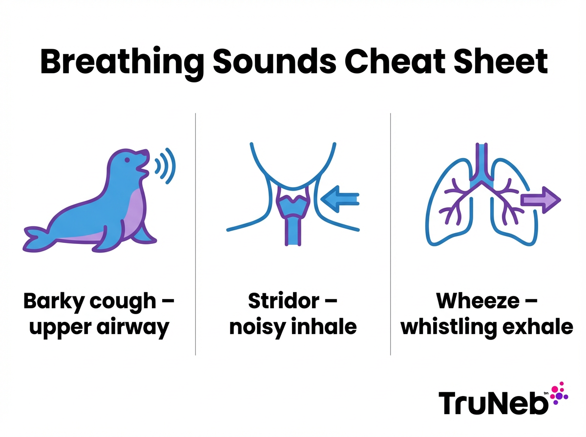Three simple panels showing barky cough, stridor, and wheeze with short labels.