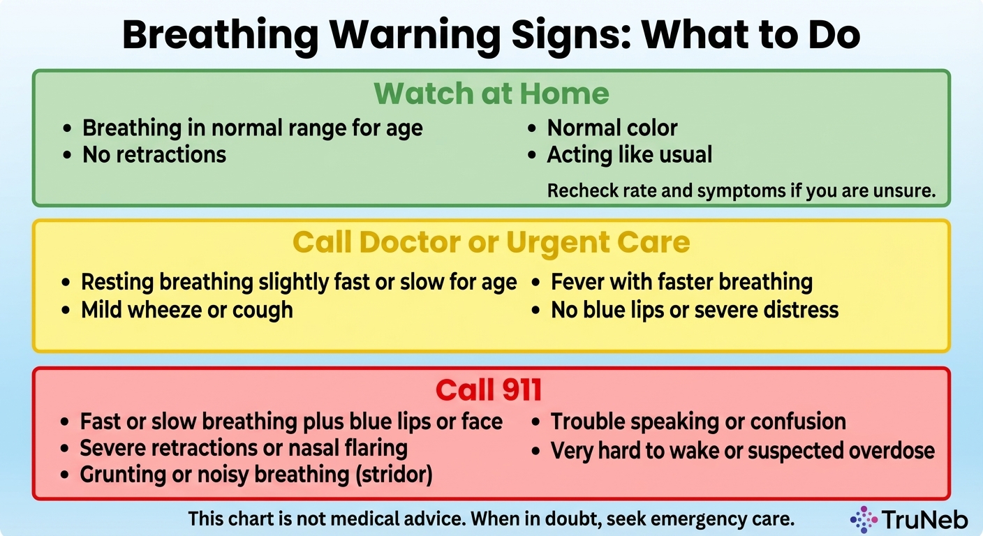 Breathing Warning Signs: What to Do Infographic Infographic decision chart showing when to watch at home, call a doctor, or call 911 based on breathing warning signs.