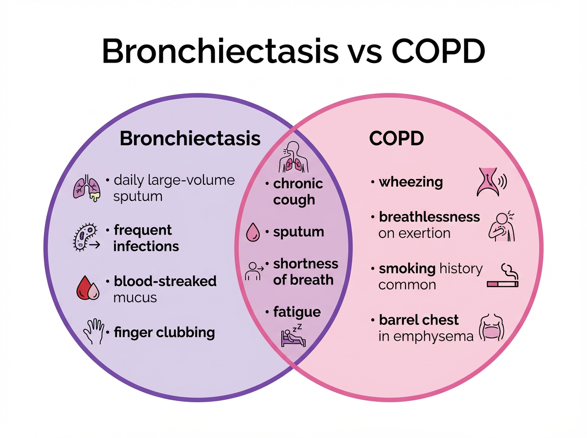 Bronchiectasis vs COPD symptom comparison Venn diagram Venn diagram comparing bronchiectasis and COPD symptoms
