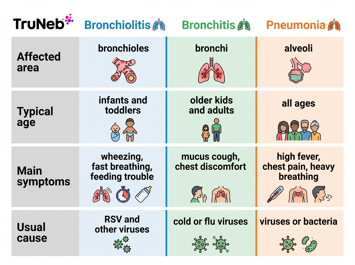 Table infographic comparing bronchiolitis, bronchitis, and pneumonia by affected area, age, symptoms, and cause.