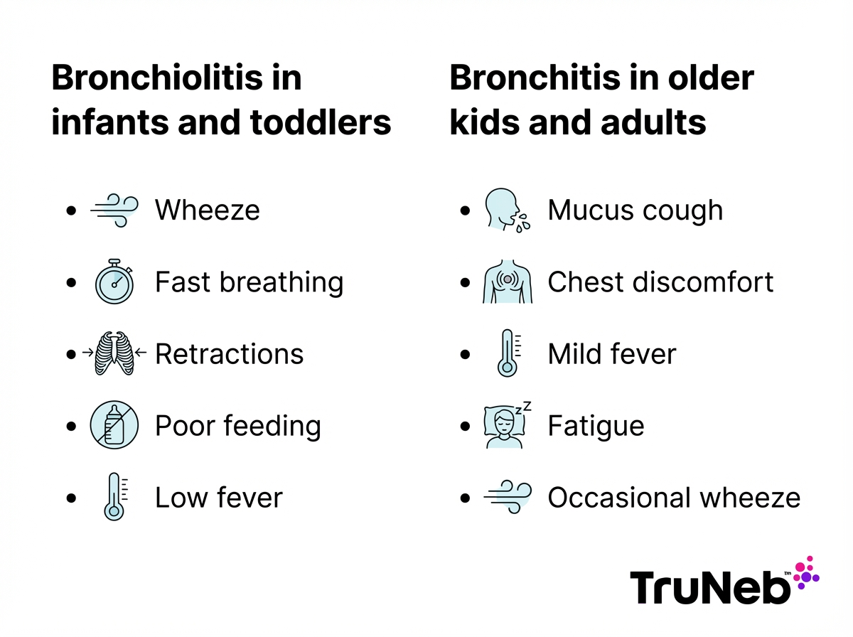 Two-column infographic comparing bronchiolitis symptoms in infants and toddlers with bronchitis symptoms in older kids and adults.