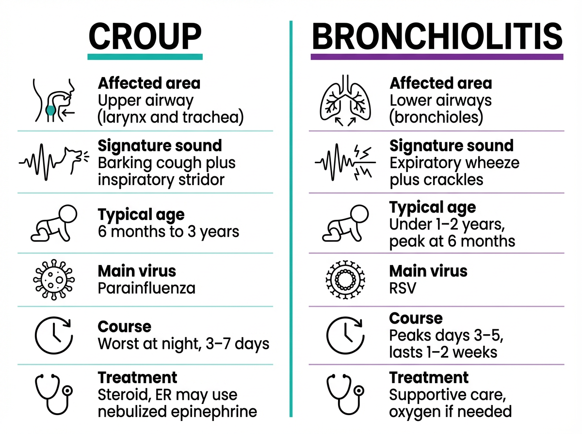 Visual chart comparing croup and bronchiolitis by airway location, sounds, age, causes, course, and treatment.