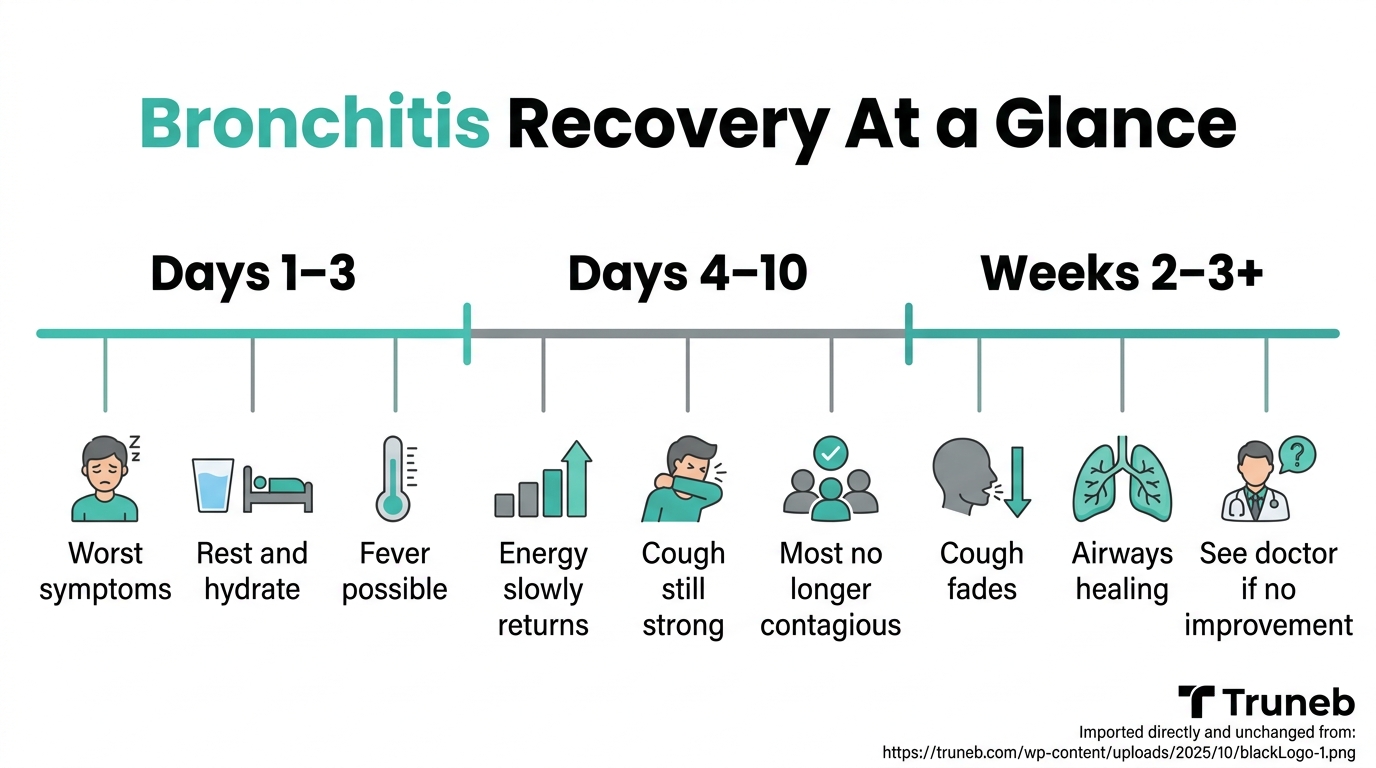 Timeline showing typical bronchitis recovery from day 1 to week 3