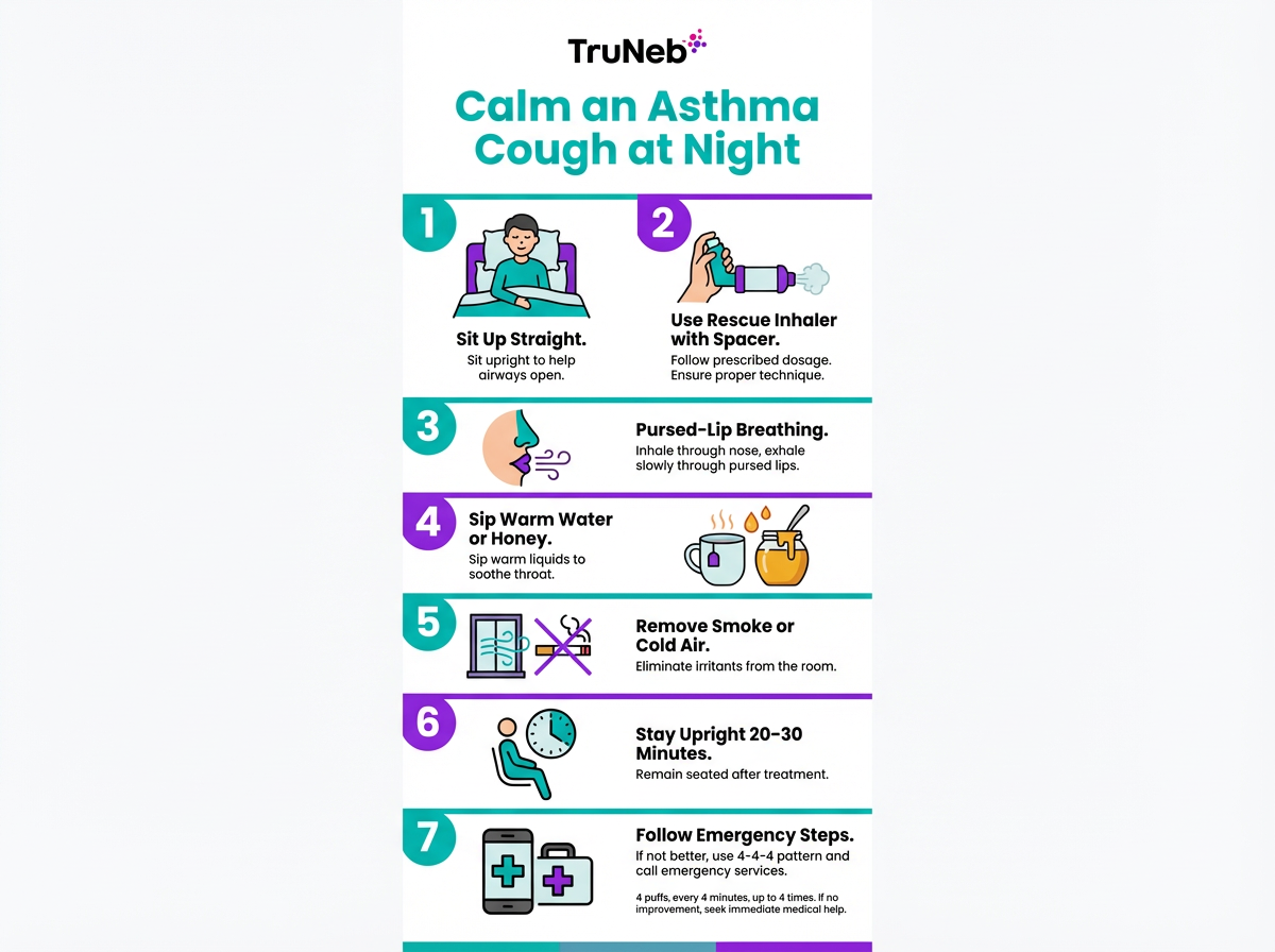 Calm an Asthma Cough at Night – 7-Step Guide Vertical infographic with seven illustrated steps to calm an asthma cough at night