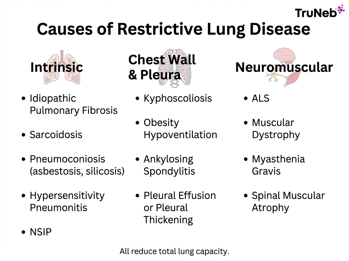 Causes of Restrictive Lung Disease Infographic Infographic listing intrinsic, chest wall and pleura, and neuromuscular causes of restrictive lung disease