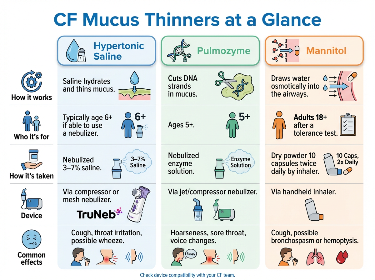 Simple comparison of hypertonic saline, Pulmozyme, and mannitol for cystic fibrosis with mechanisms, ages, delivery, devices, and common effects.
