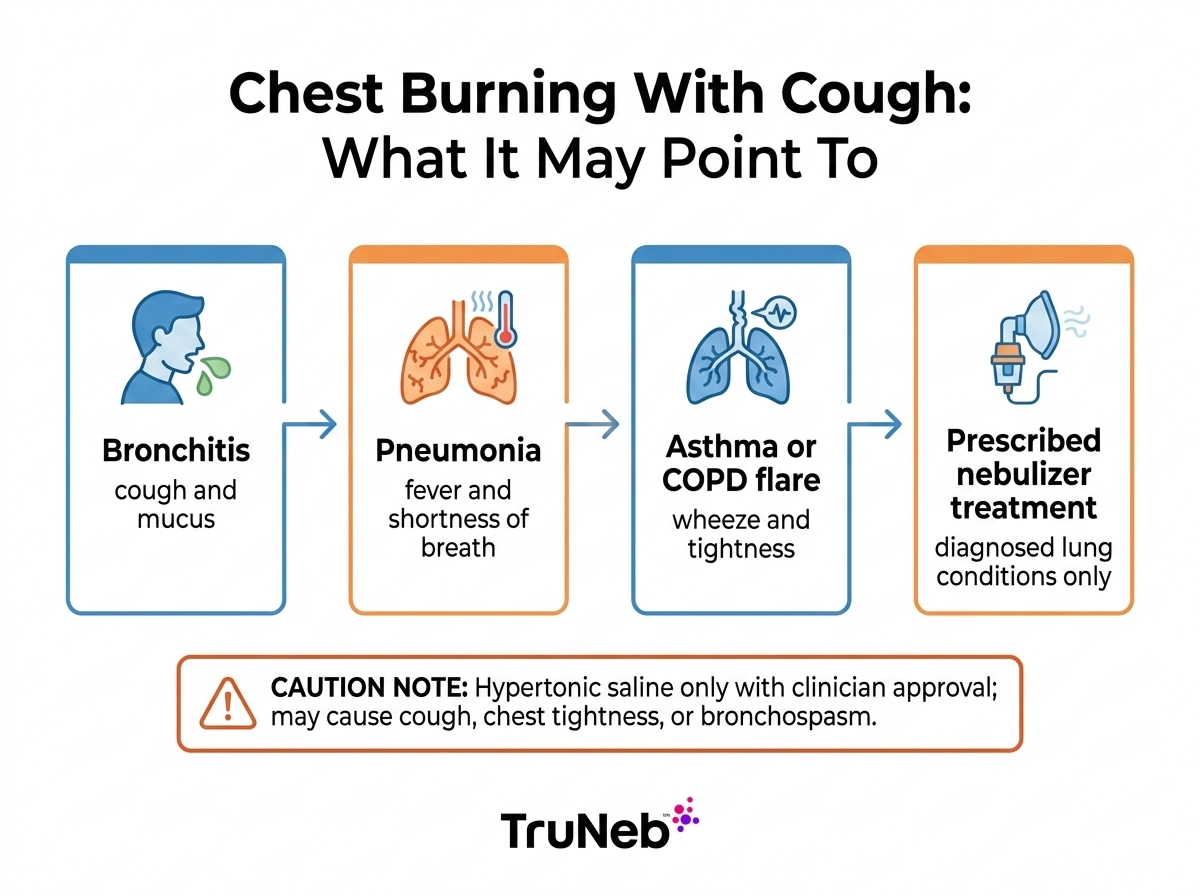 Chest Burning With Cough: What It May Point To Infographic showing chest burning with cough pathways including bronchitis, pneumonia, asthma or COPD flare, and prescribed nebulizer treatment for diagnosed lung conditions