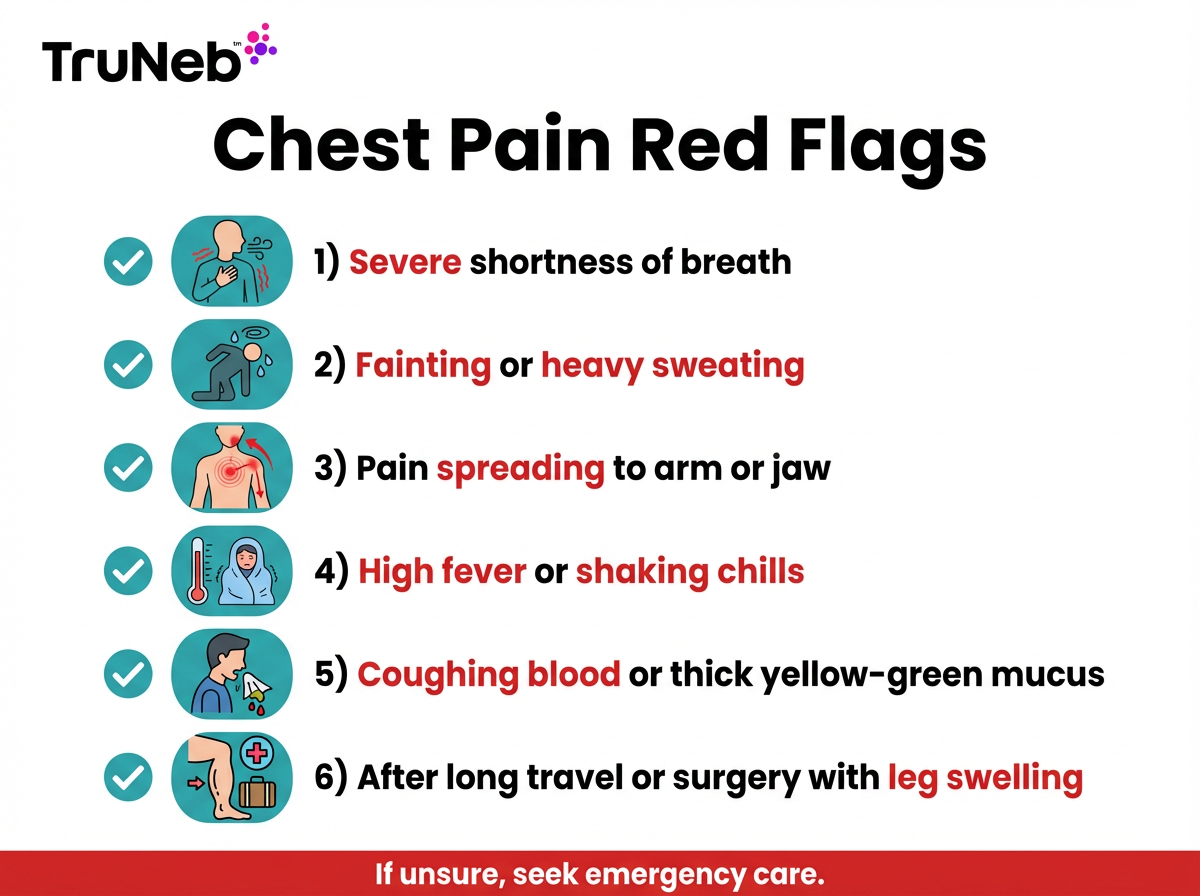 Checklist infographic of six chest pain red flags with icons and a reminder to seek emergency care if unsure.