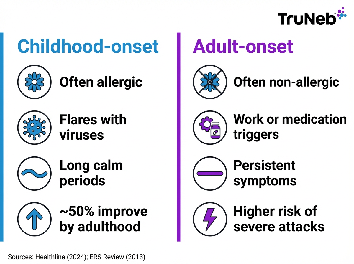 Childhood-onset vs adult-onset asthma infographic Infographic comparing childhood-onset versus adult-onset asthma