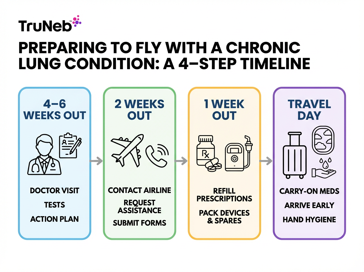 Infographic showing a four-step timeline for preparing to fly with a chronic lung condition