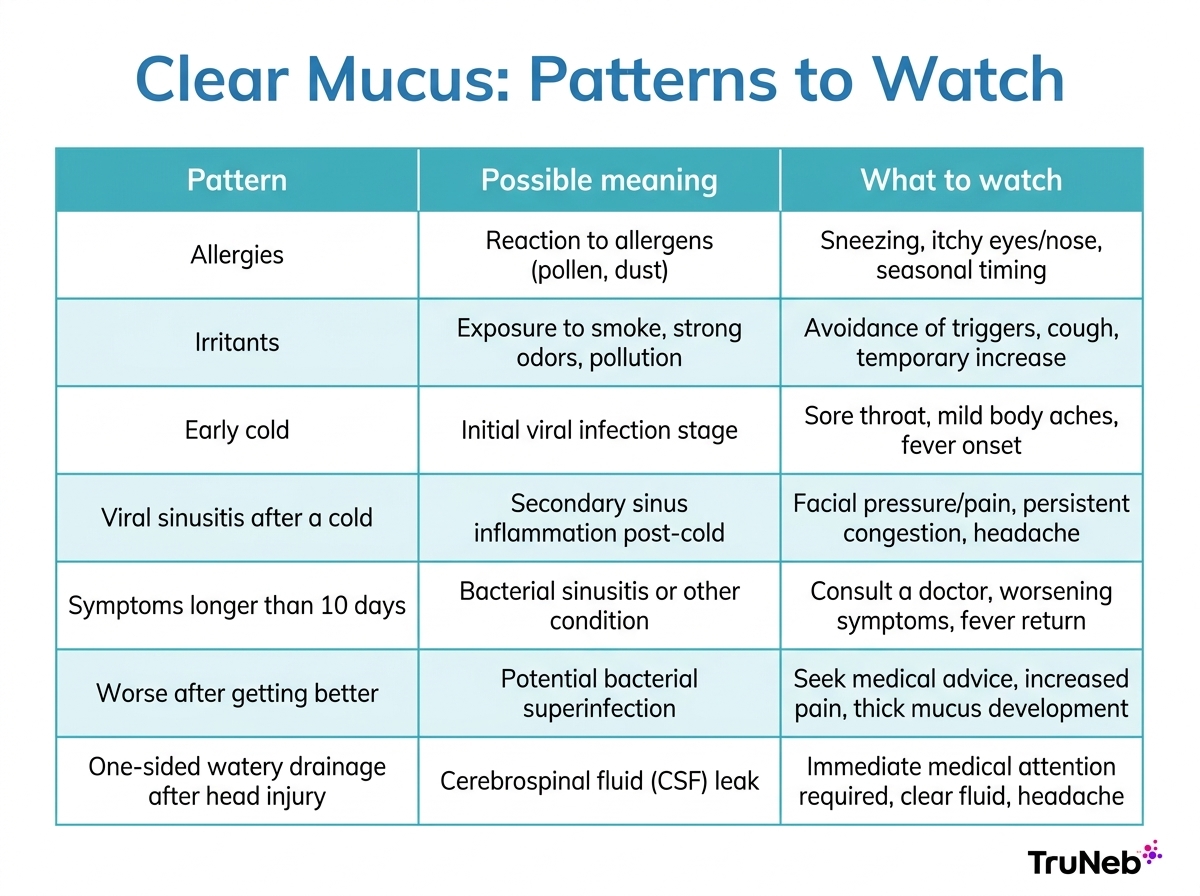 Infographic table showing clear mucus symptom patterns, possible meanings, and what to watch for, including allergies, irritants, early cold, viral sinusitis, longer symptoms, worsening symptoms, and one-sided watery drainage after head injury.