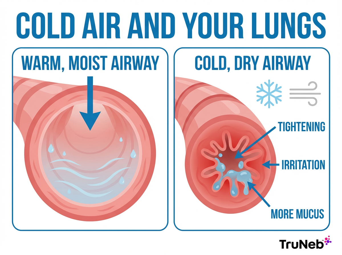 Cold Air and Your Lungs Infographic Cold Air and Your Lungs infographic comparing a warm, moist airway and a cold, dry airway with tightening, irritation, and more mucus.