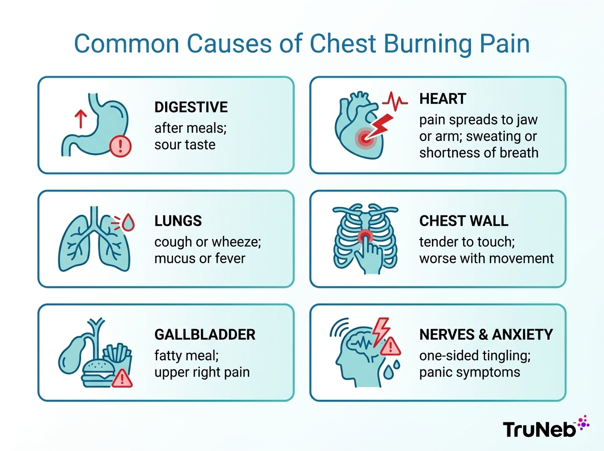 Common Causes of Chest Burning Pain Infographic summarizing common causes of chest burning pain including digestive, heart, lung, chest wall, gallbladder, nerves, and anxiety causes