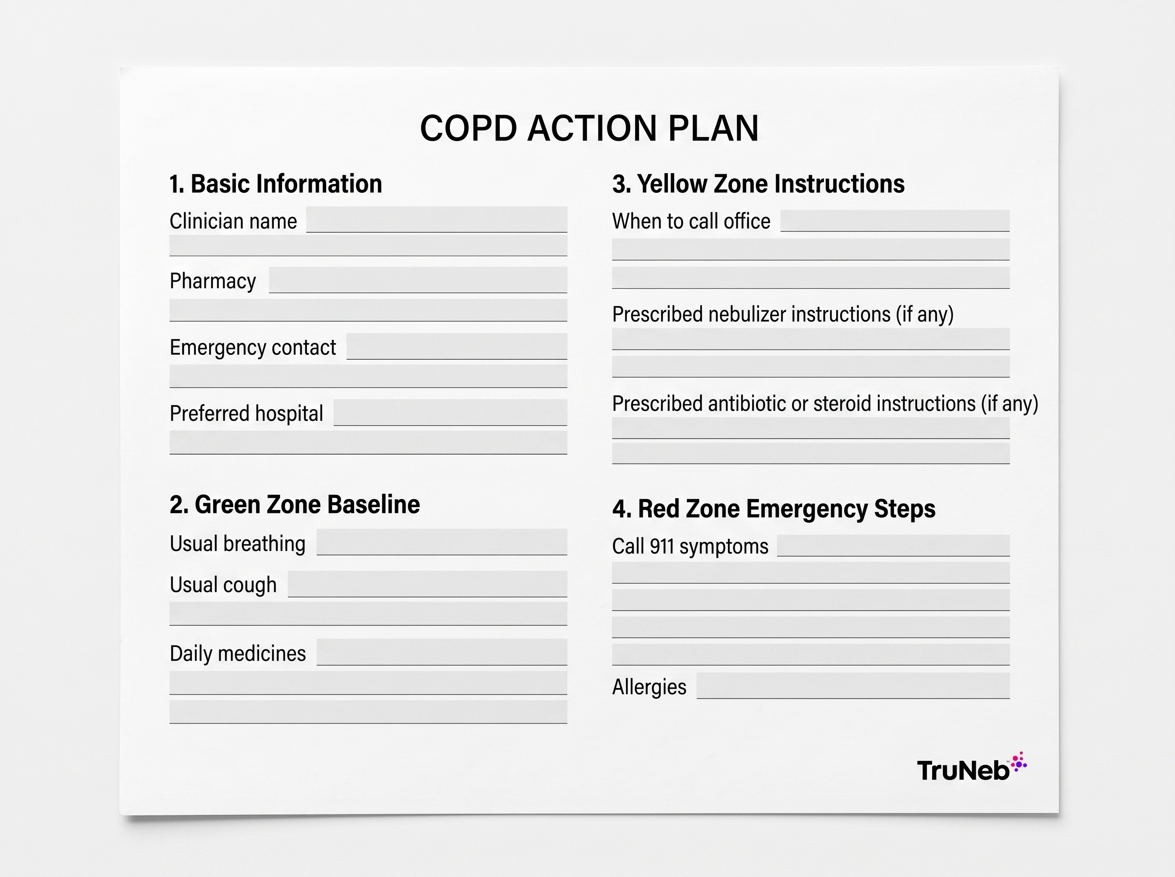 Printable COPD action plan worksheet with basic information, green zone baseline, yellow zone instructions, and red zone emergency steps