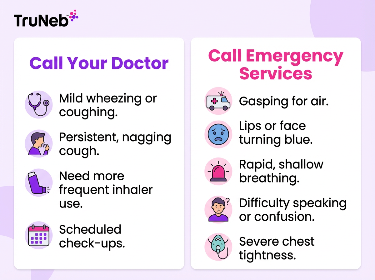When to Call Your Doctor vs Emergency Services for COPD Side-by-side list showing when to call a doctor versus call emergency services for COPD.