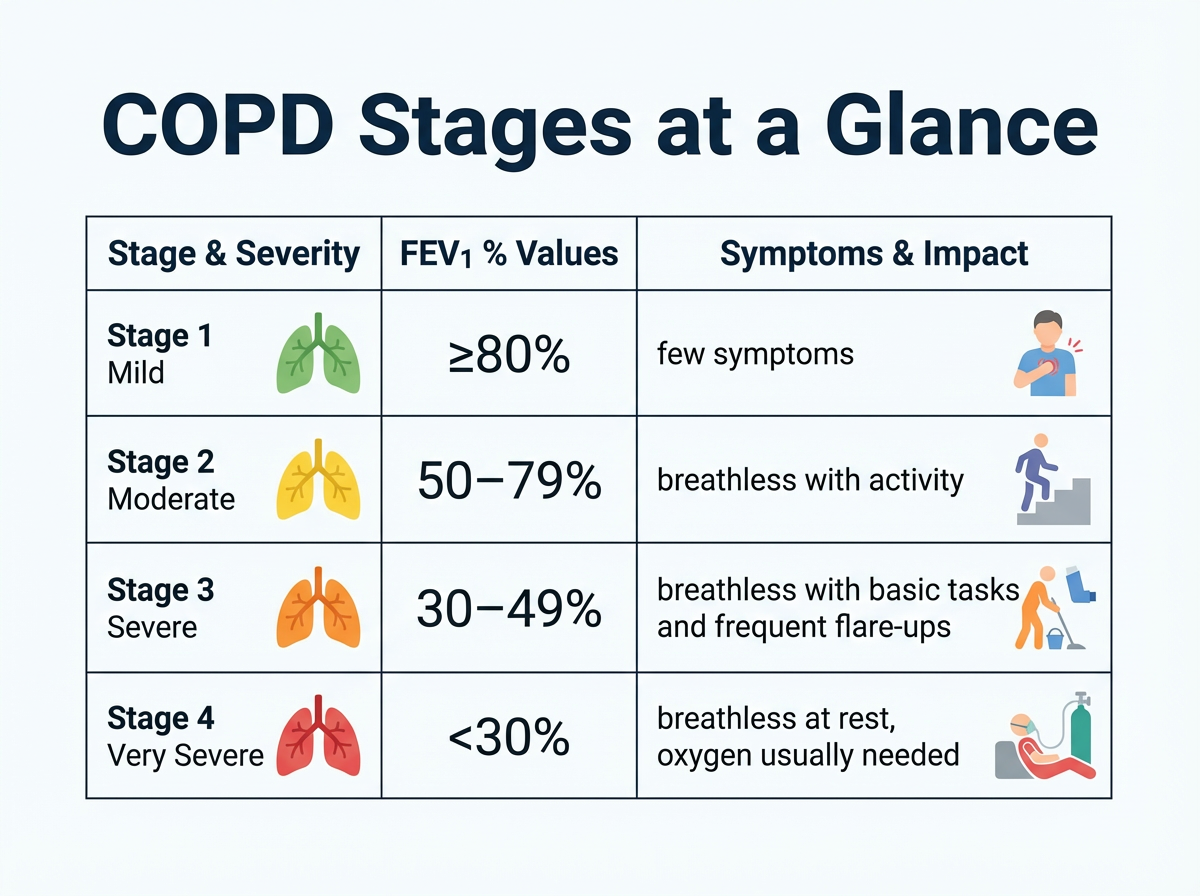 COPD stages at a glance infographic table with four stages, FEV1 percent ranges, and symptom impact